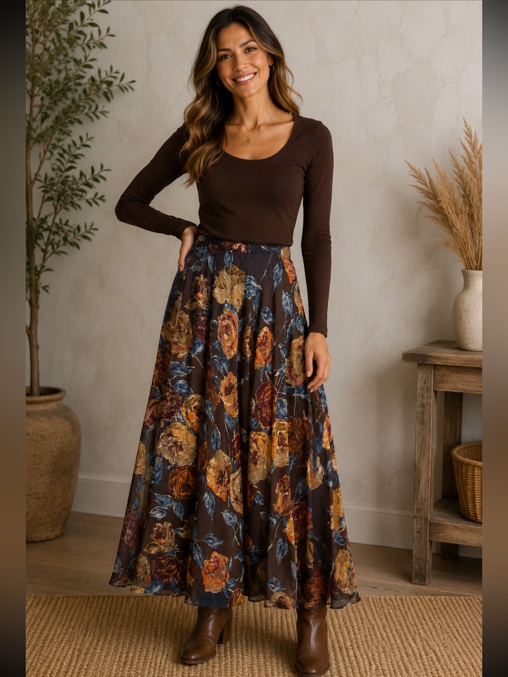 Vintage Coldwater Creek Brown Floral Midi Skirt with Mustard & Blue Blooms